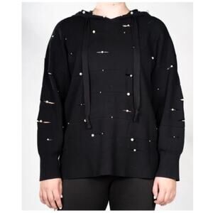 ZARA Knit Faux Pearl Rip Destroyed Hooded Sweater Hoodie, Black, Medium